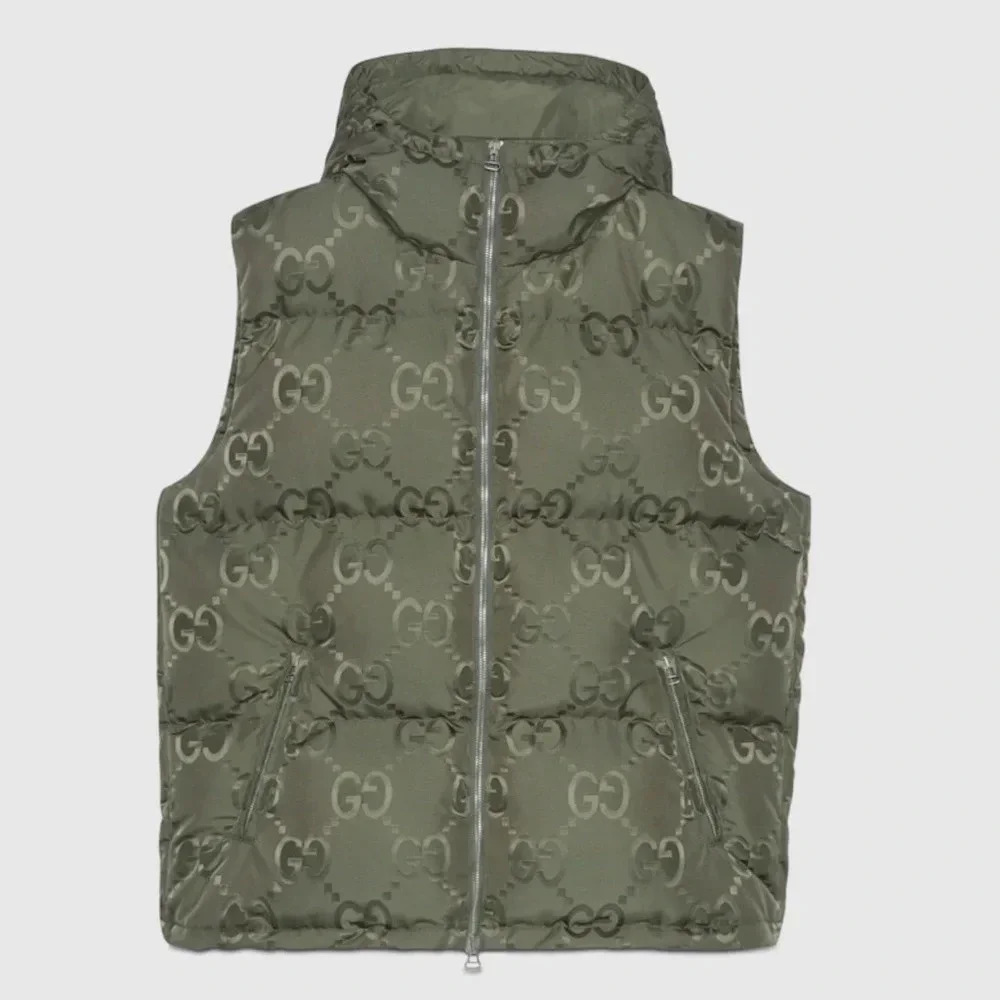 AUTHENTIC GUCCI JUMBO GG monogram CANVAS DOWN VEST green men’s hood puffer gilet